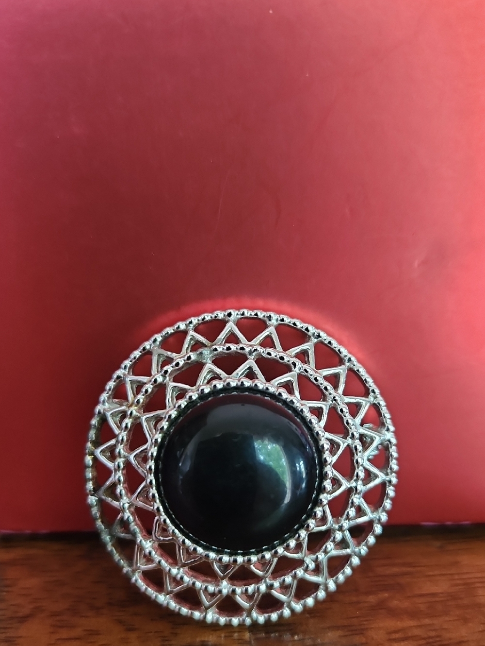 Vintage Sara Coventry Silver Filigree Ring with Black Cabochon Center